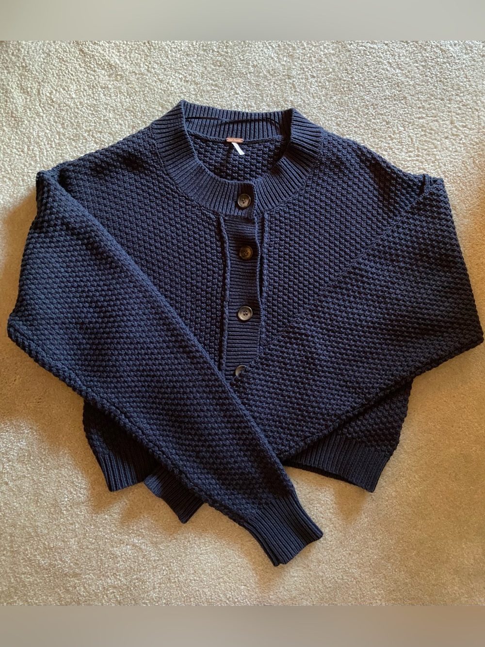 Free People Lila Navy Button-Front Textured Knit Cardigan